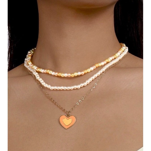 The Unbranded Brand Jewelry - Beaded Layered Necklace‎ Orange Heart Choker  Fashion Jewelry Dainty Boho Hippie